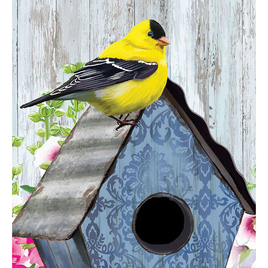 Finch and Birdhouse Garden Linen Flag