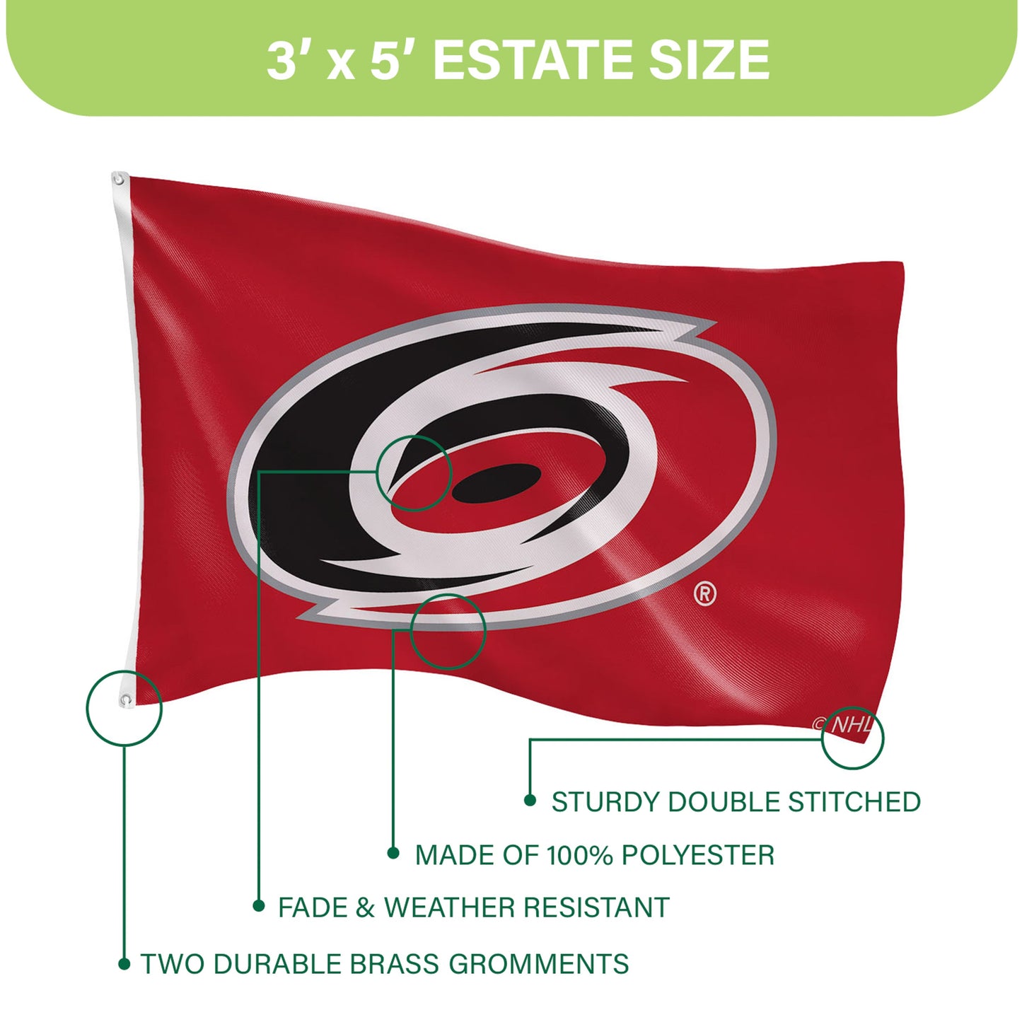 3'x5' Single Sided Flag w/ 2 Grommets, Carolina Hurricanes