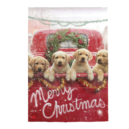 Red Truck with Puppies Suede House Flag