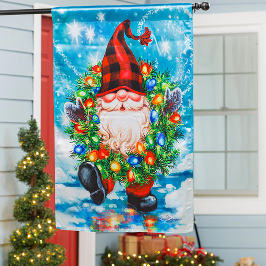 Gnome with a Christmas Wreath House Lustre Flag