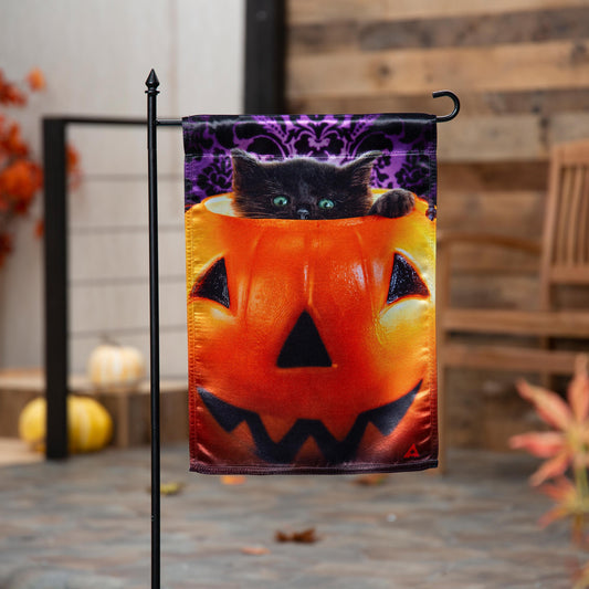 Kitten in  Jack O'Lantern Pumpkin Bucket Lustre Garden Flag