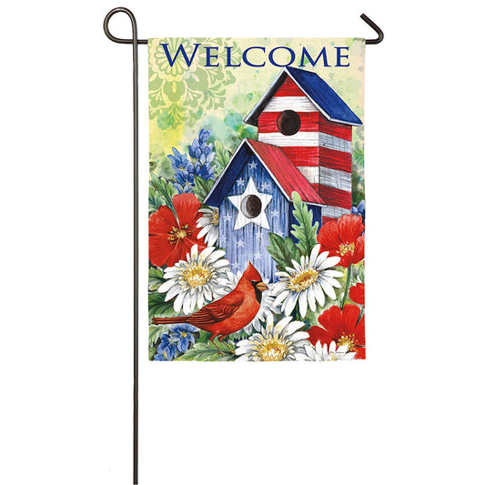 Patriotic Birdhouse & Cardinal Garden Sub Suede Flag