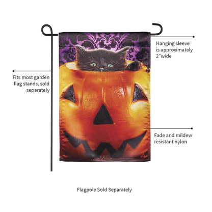 Kitten in  Jack O'Lantern Pumpkin Bucket Lustre Garden Flag