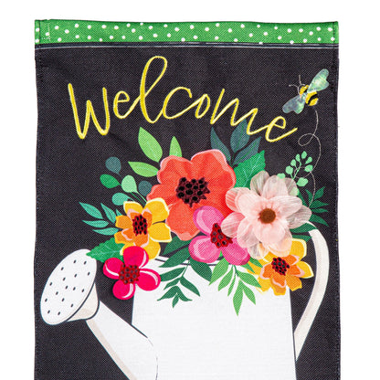 Watering Can Welcome Burlap Garden Flag