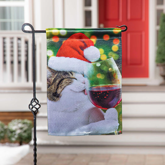 Christmas Cat with Wine Lustre Garden Flag