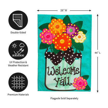 Welcome Y'all Polka Dot Flowers House Burlap Flag