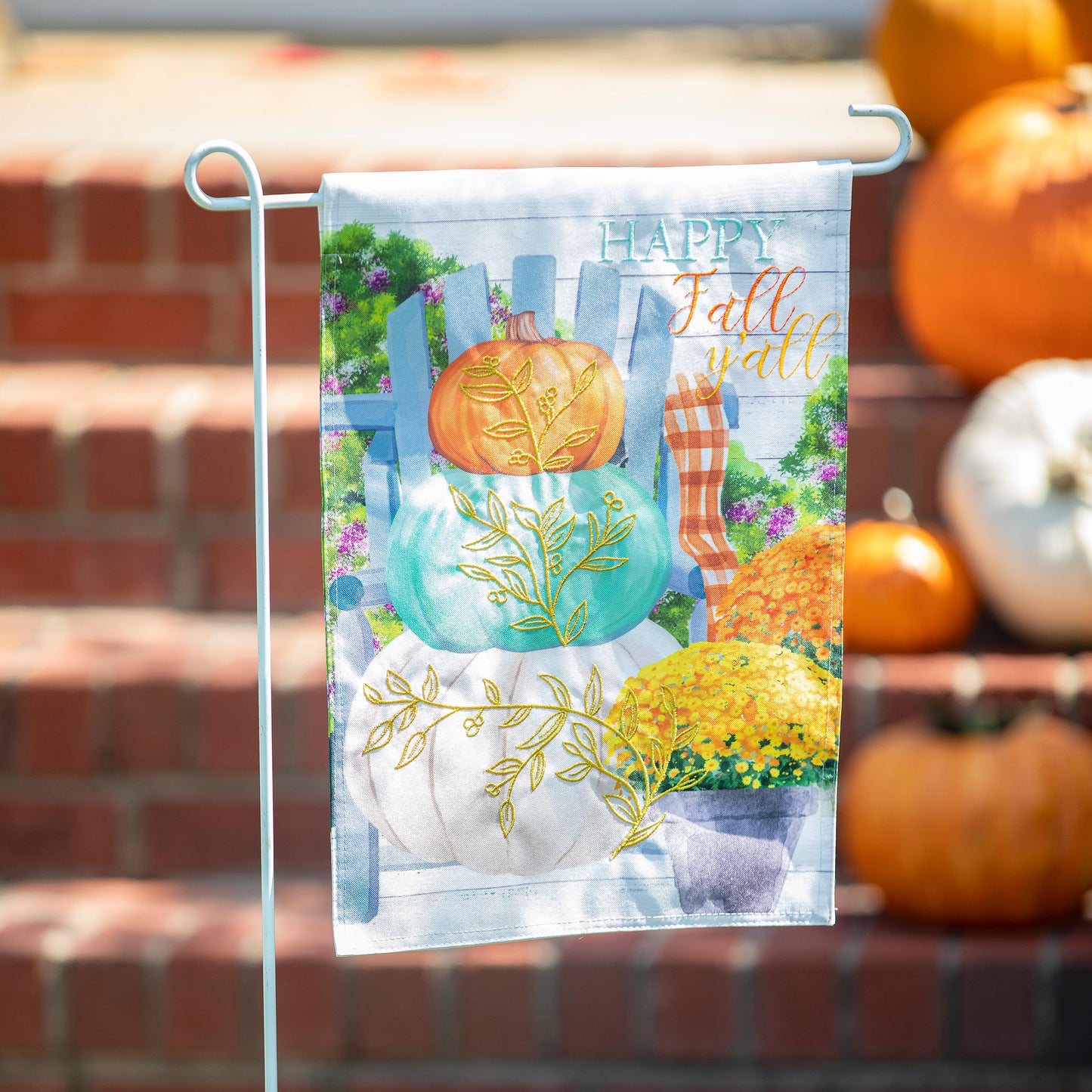 Happy Fall Stacked Pumpkins Garden Linen Flag