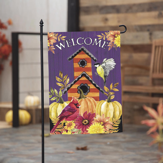 Welcome Fall Birdhouse Moire Garden Flag
