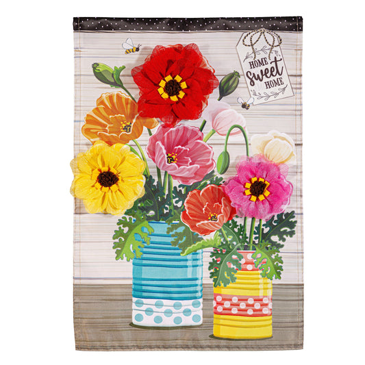 Poppies and Painted Cans Applique Garden Flag