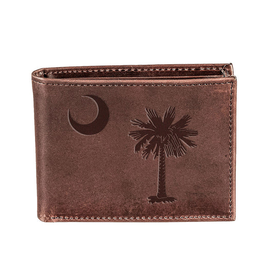 Bi-Fold Wallet, Brown, CH, 100% Genuine Leather, South Carolina State Flag Logo