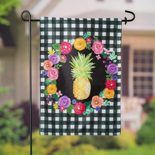 Pineapple Plaid Floral Garden Burlap Flag