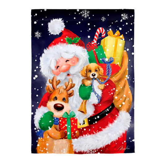 Santa, Reindeer and Puppy Suede House Flag