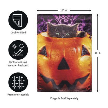 Kitten in  Jack O'Lantern Pumpkin Bucket Lustre Garden Flag