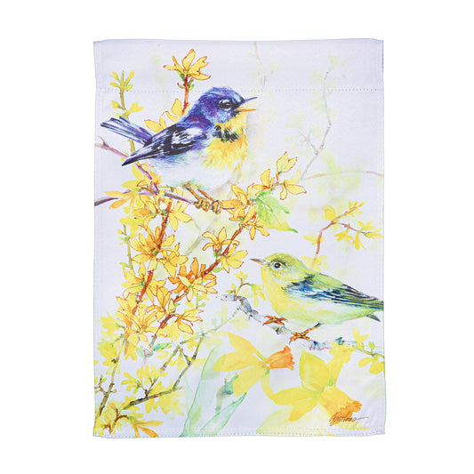 Birds and Forsythia Suede Garden Flag