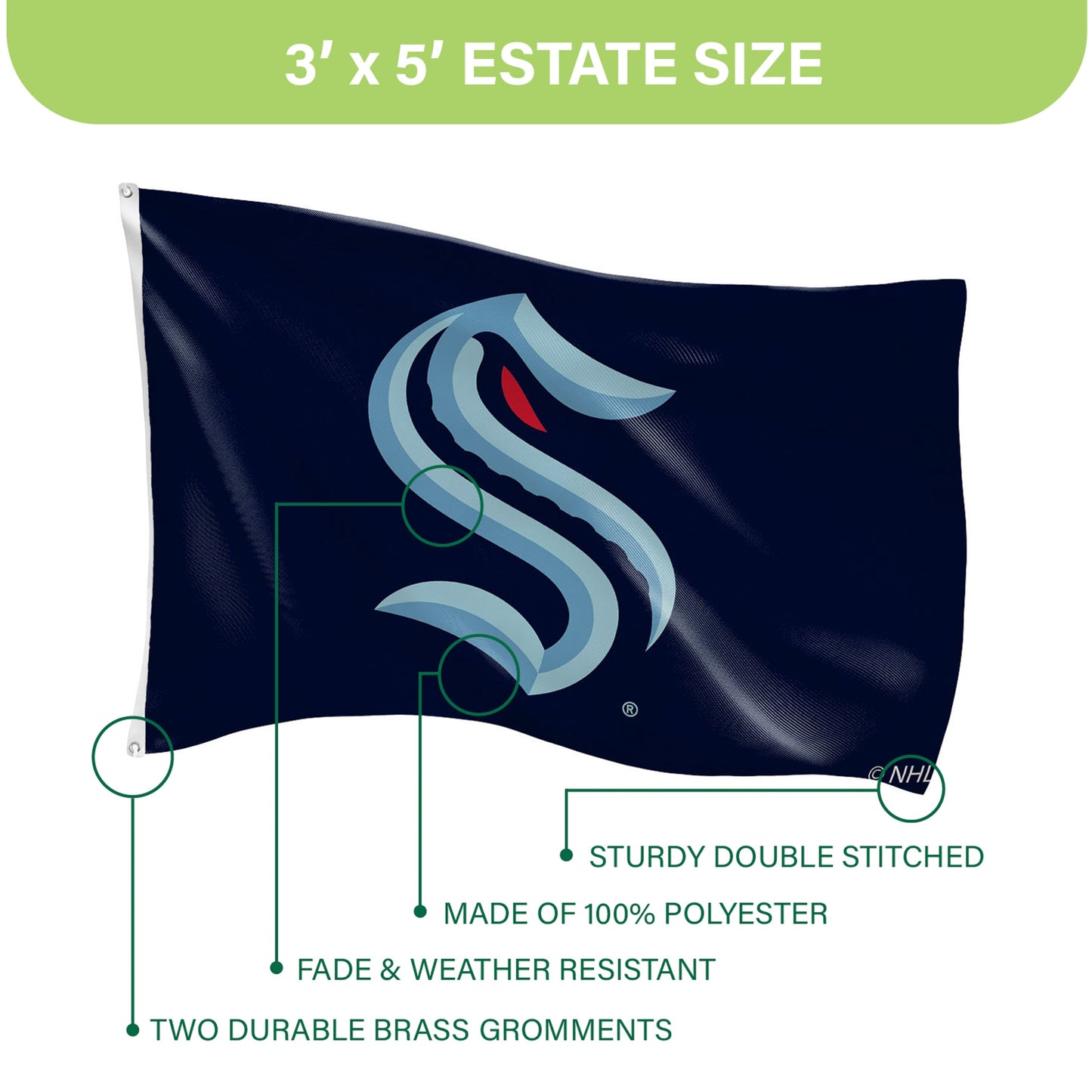 Seattle Kraken Single Sided Flag w/ 2 Grommets, 3'x5'