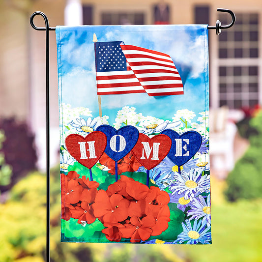 Patriotic Home in Hearts Applique Garden Flag