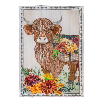 Highland Cow Fall Floral Applique House Flag