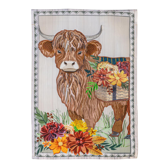 Highland Cow Fall Floral Applique House Flag