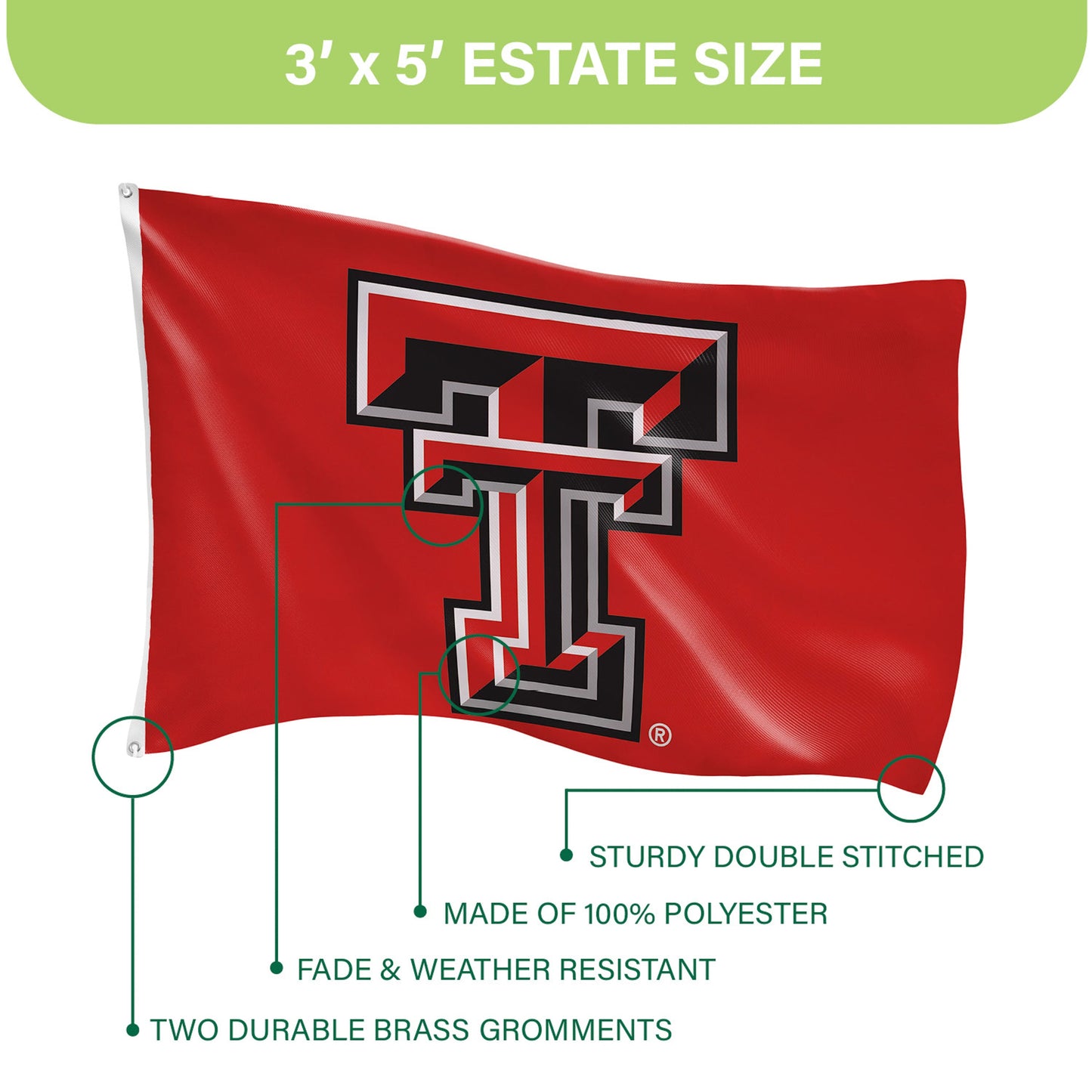 Texas Tech University Single Sided Estate Flag with 2 Grommets, 3'x5'