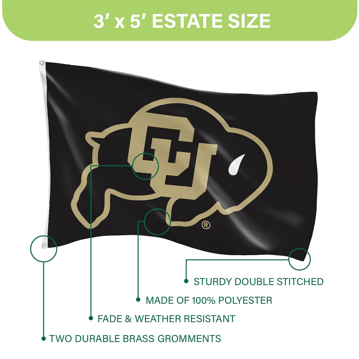 University of Colorado Single Sided Flag w/ 2 Grommets, 3'x5'