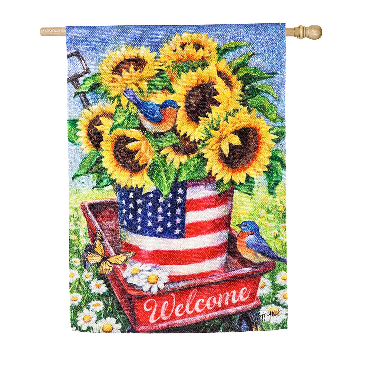 Patriotic Sunflower Wagon House Textured Suede Flag