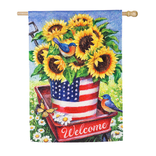 Patriotic Sunflower Wagon House Textured Suede Flag
