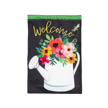 Watering Can Welcome Burlap Garden Flag
