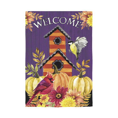 Welcome Fall Birdhouse Moire Garden Flag