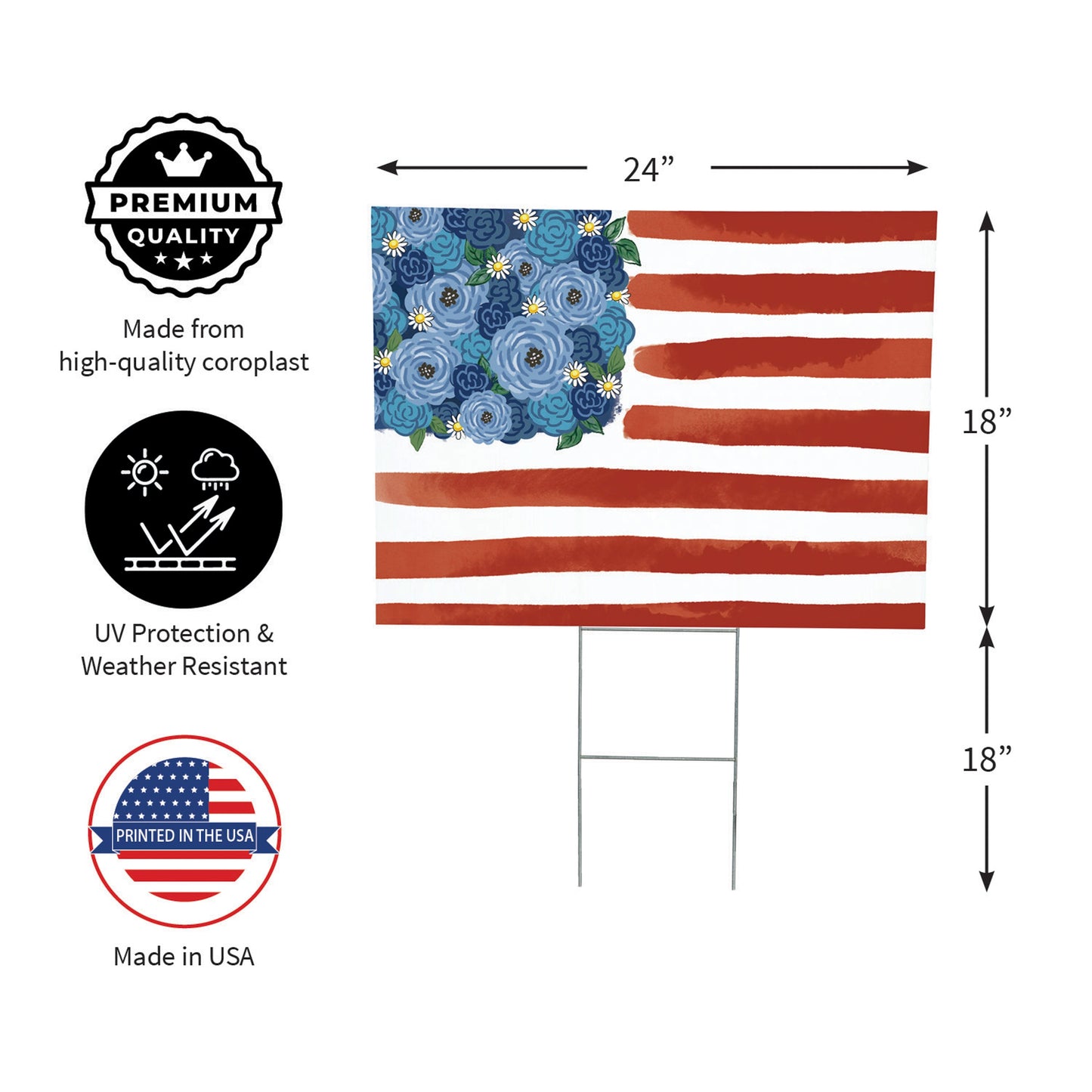 American Classic Blooming Americana Yard Sign, Flag, 24"x18"
