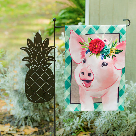 Floral Crowned Pig Garden Linen Flag