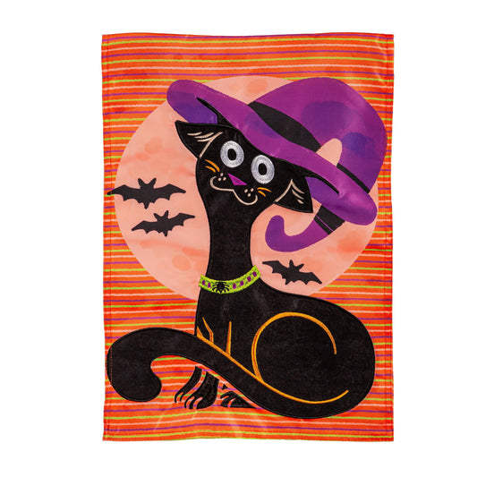 Cat With Witch Hat Applique Garden Flag