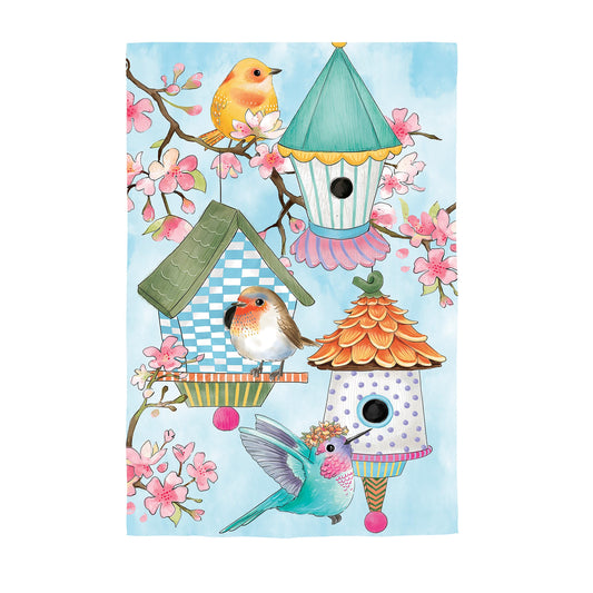 Birdhouse & Birds on Cherry Blossoms Linen Garden Flag
