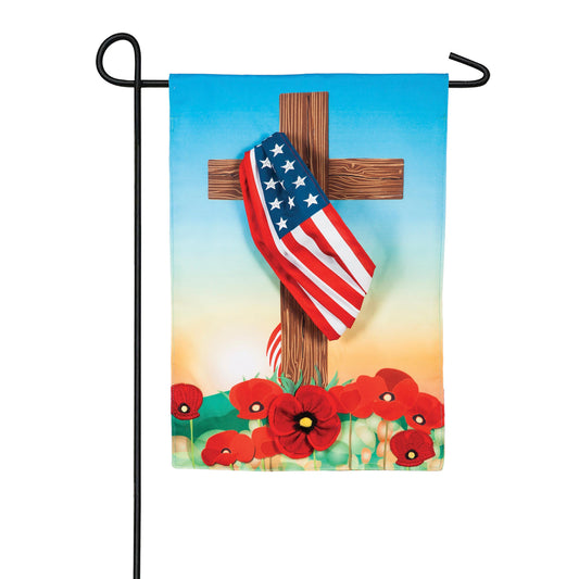 Cross with American Flag Garden Linen Flag