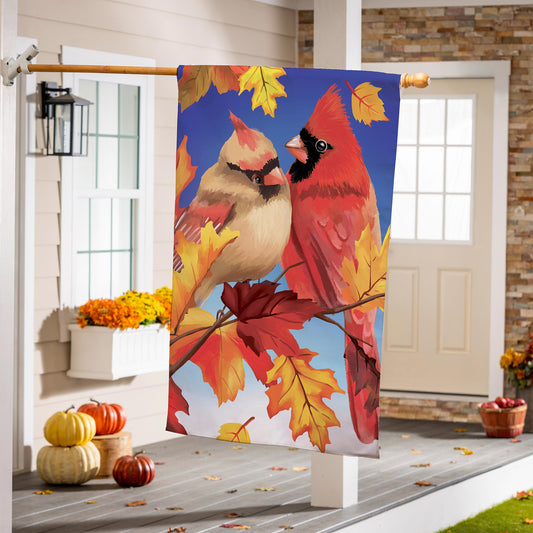 Couple Of Fall Cardinals Burlap House Flag
