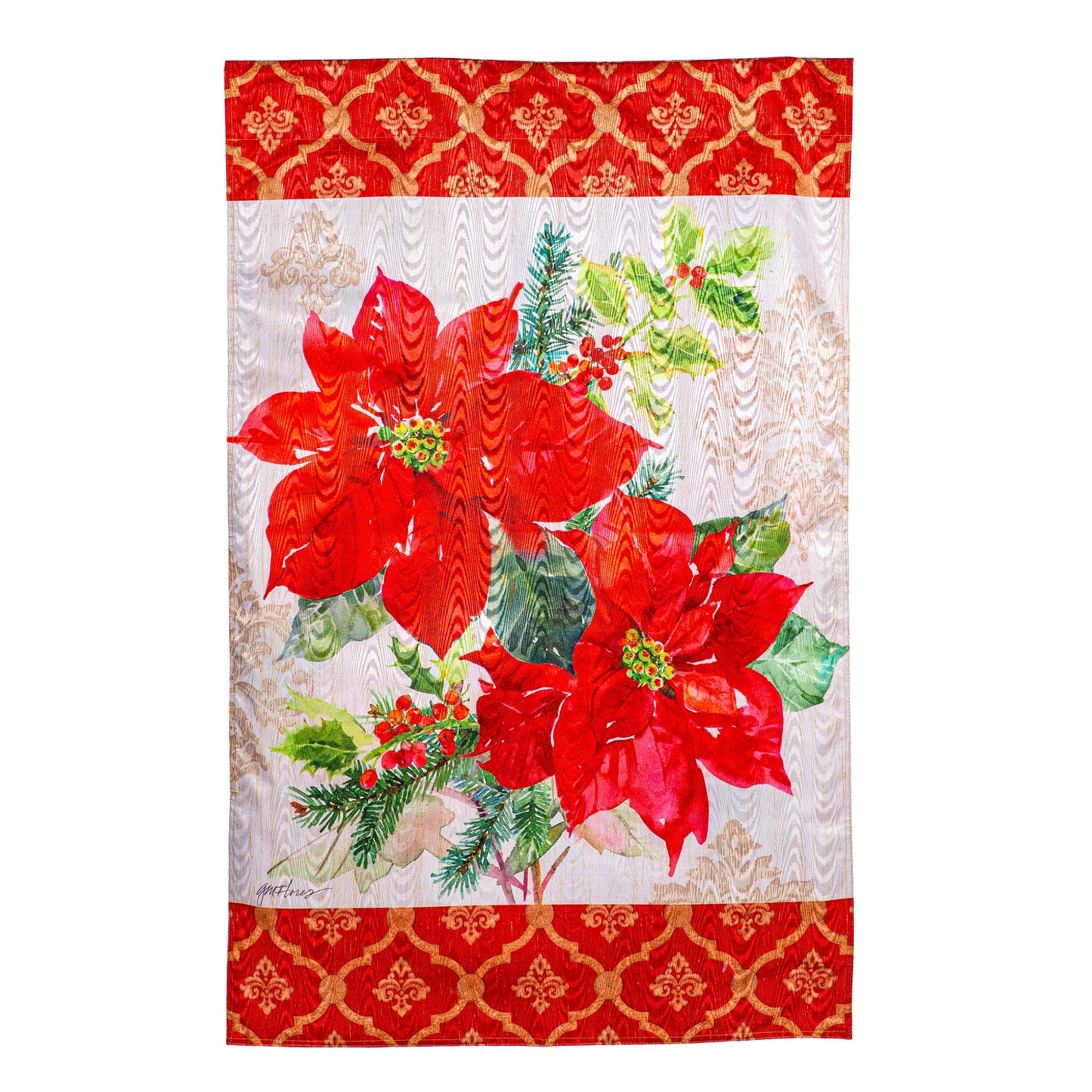 Gilded Pattern Poinsettia Christmas Moire House Flag