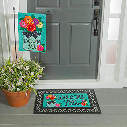 Welcome Y'all Burlap Garden Flag and Sassafras Mat Set (14B4181ECM+22001T+431272+43BM003)