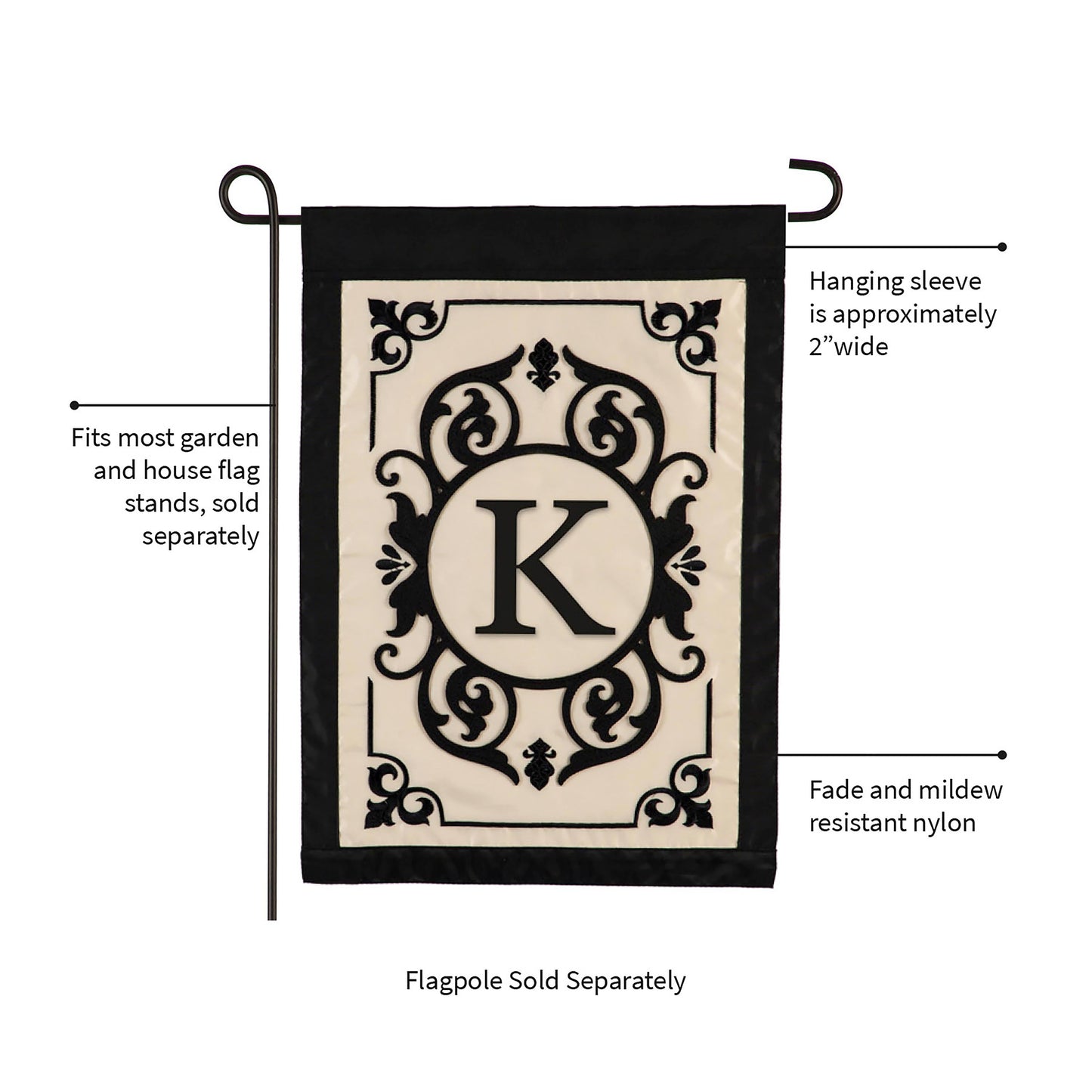 Cambridge Monogram Garden Applique Flag, Letter K