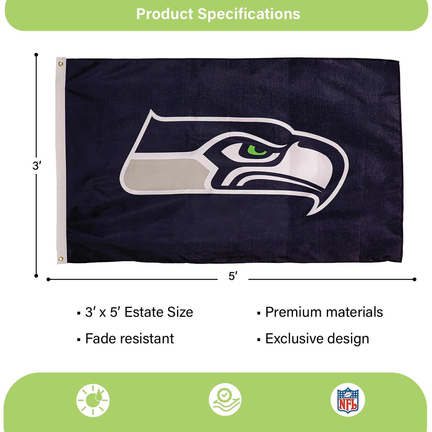 Seattle Seahawks Single Sided Estate Flag with 2 Grommets, 3'x5'