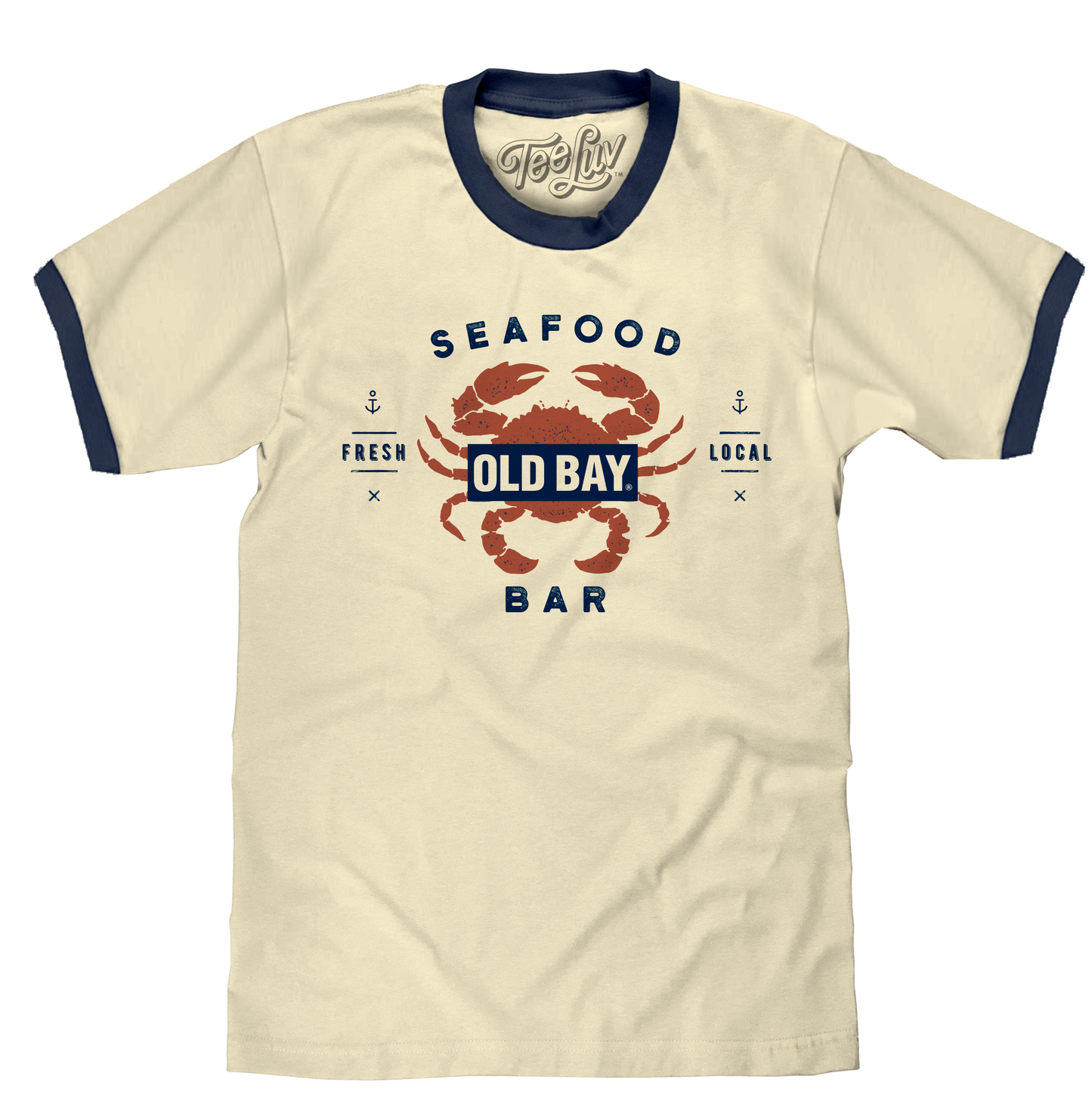 Old Bay Seafood Bar Lobster Logo Ringer T-Shirt - Beige and Navy