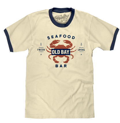 Old Bay Seafood Bar Lobster Logo Ringer T-Shirt - Beige and Navy