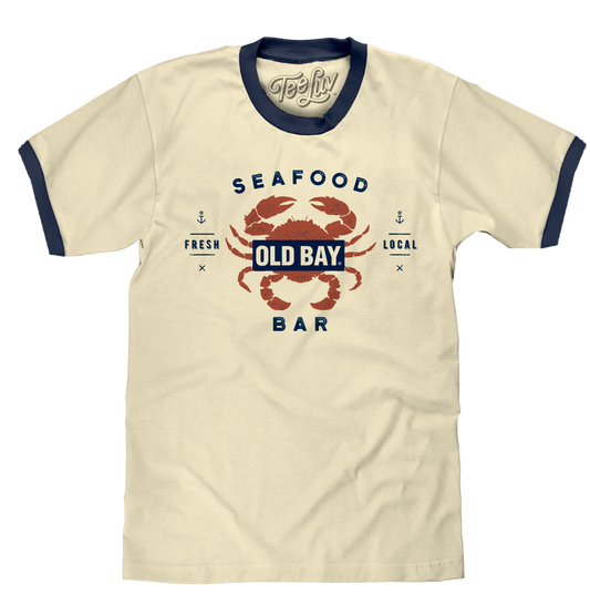 Old Bay Seafood Bar Lobster Logo Ringer T-Shirt - Beige and Navy