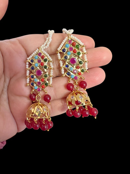 DER762 navratan gold plated jhumka ( pearls ) ( READY TO SHIP )