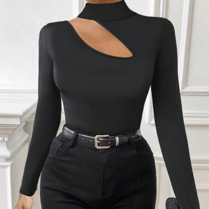 Black Cutout High Neck Top - Slim Fit Long Sleeve Turtleneck