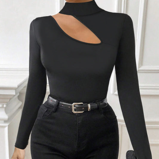 Black Cutout High Neck Top - Slim Fit Long Sleeve Turtleneck