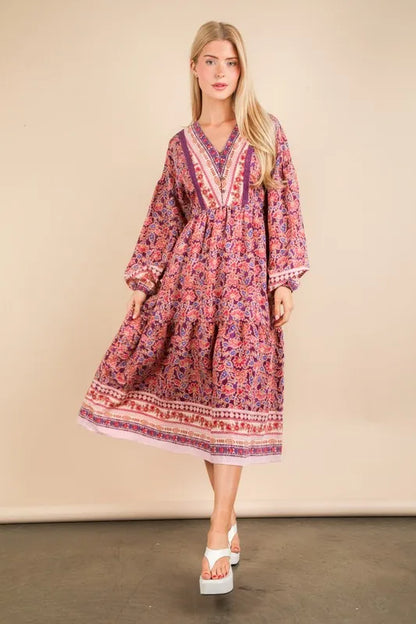 VERY J Floral Printed Boho V-Neck Balloon Sleeve Dress