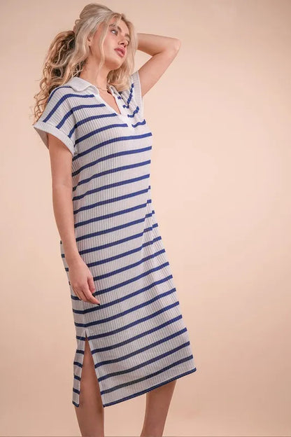 VERY J Oversized Collared Striped Knit Midi Dress