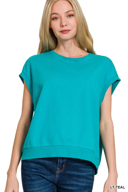 Zenana French Terry Round Neck Cap Sleeve T-Shirt