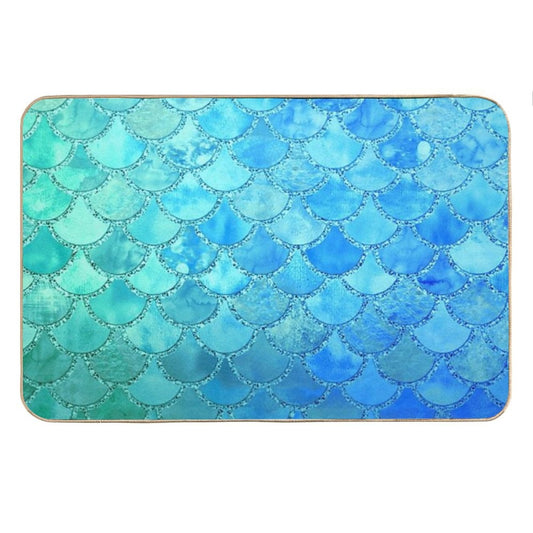 Turquoise Green And BLue Watercolor Mermaid Scales Bath Mat