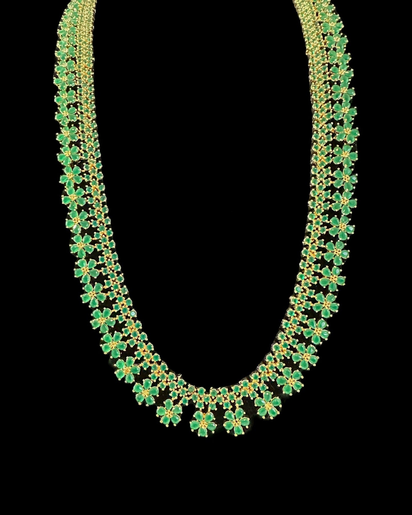 DLN115  Megha long set in cz stones - green    (READY TO SHIP)