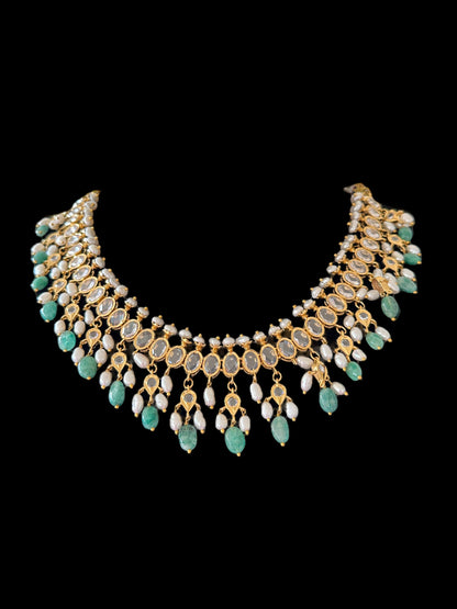 DNS110 Barfi necklace set in fresh water pearls and emerald beads ( READY TO SHIP )